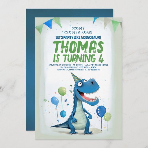 Fun Dinosaur Blue and Green Birthday Invitation
