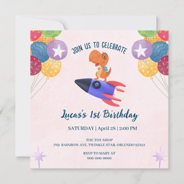 Fun dinosaur colorful rocket School Birthday party Invitation (Front)