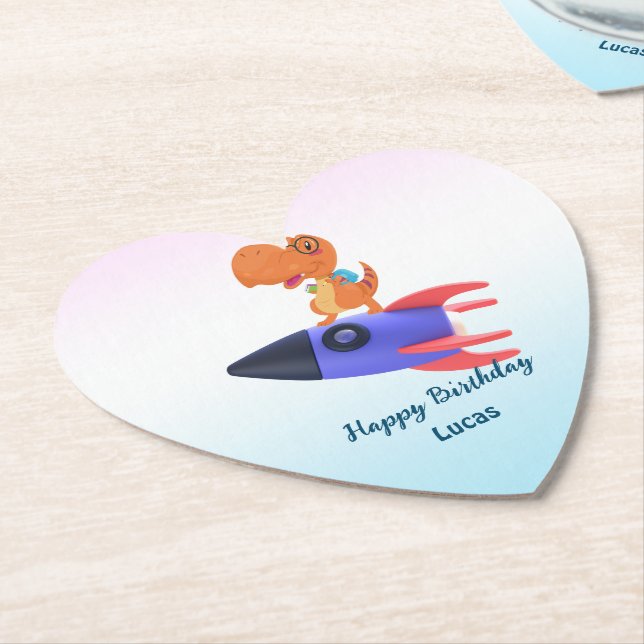 Fun dinosaur colorful rocket School Birthday party Paper Coaster (Angled)
