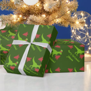 Fun dinosaur elf Christmas Wrapping Paper for kids