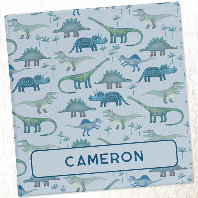 Fun Dinosaur Pattern Blue Personalized 3 Ring Binder (Fun Dinosaur personalized name three ring binder with Tyrannosaurus, Diplodocus, Triceratops)