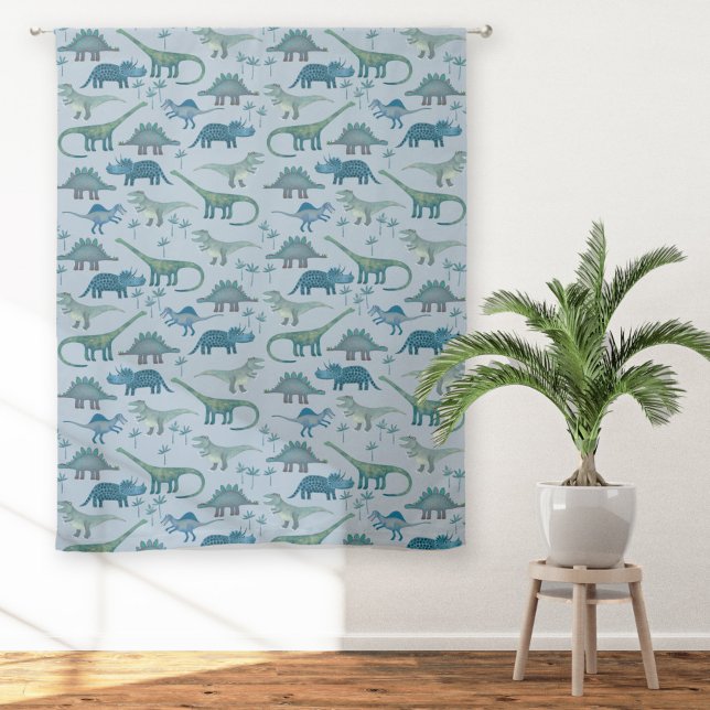 Fun Dinosaur Pattern Blue Sheer Curtains (Fun blue dinosaur pattern sheer or blackout curtains)
