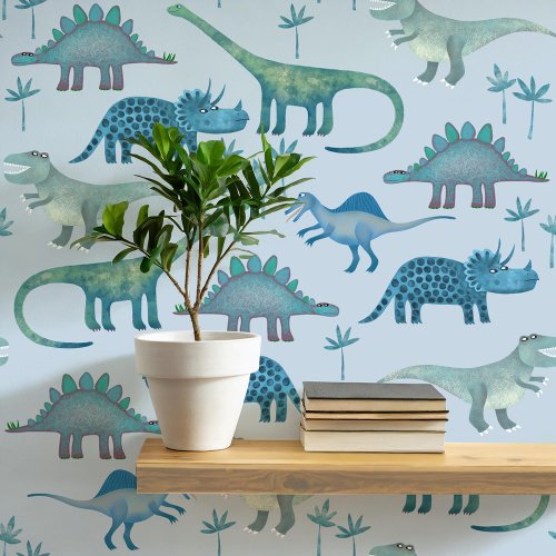 Fun Dinosaur Pattern Blue Wallpaper