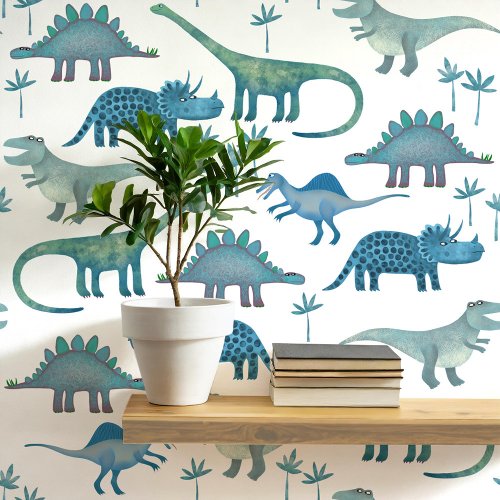 Fun Dinosaur Pattern Blue White Kids Wallpaper