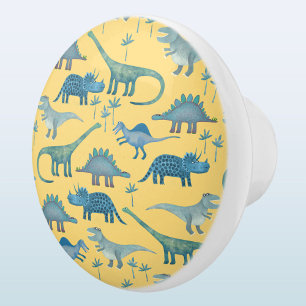 Fun Dinosaur Pattern Blue Yellow Ceramic Knob