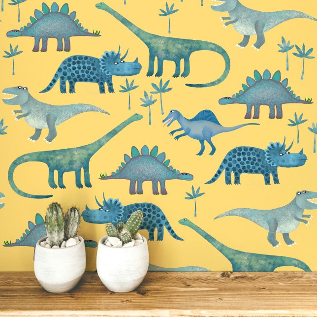Fun Dinosaur Pattern Blue Yellow Wallpaper (Dinosaur Tyrannosaurus Rex Stegosaurus triceratops diplodocus yellow kids peel and stick wallpaper)