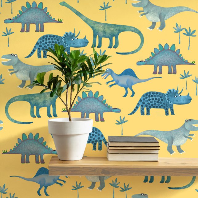 Fun Dinosaur Pattern Blue Yellow Wallpaper (Dinosaur Tyrannosaurus Rex Stegosaurus triceratops diplodocus yellow kids peel and stick wallpaper)
