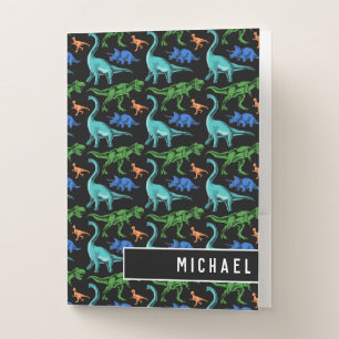 Fun Dinosaur Pattern Kids Black Name School Pocket Folder