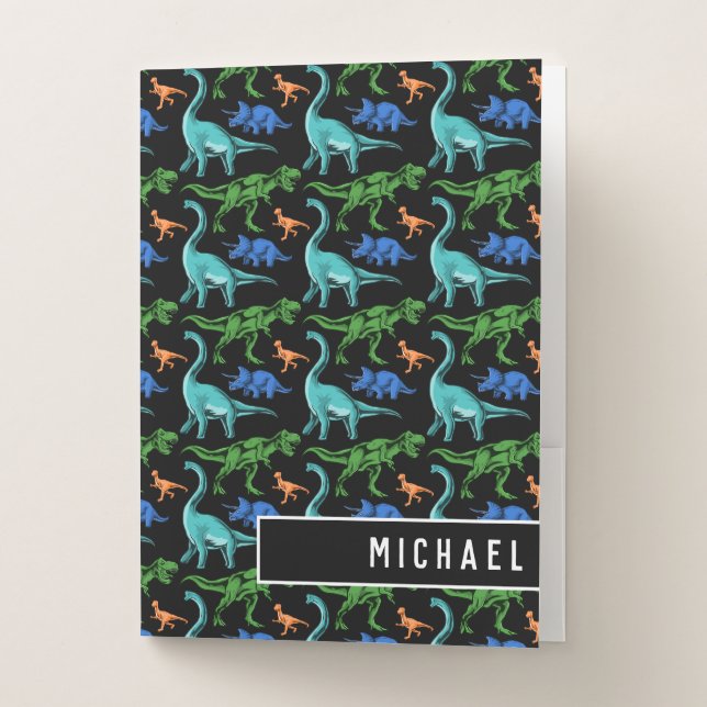 Fun Dinosaur Pattern Kids Black Name School Pocket Folder (Front)