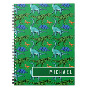 Fun Dinosaur Pattern Kids Green Name School Notebook
