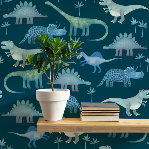 Fun Dinosaur Pattern Teal Green Wallpaper