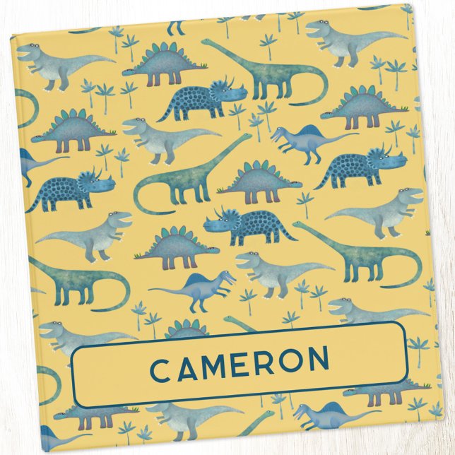 Fun Dinosaur Pattern Yellow Personalized 3 Ring Binder (Fun Dinosaur personalized name three ring binder with Tyrannosaurus, Diplodocus, Triceratops)