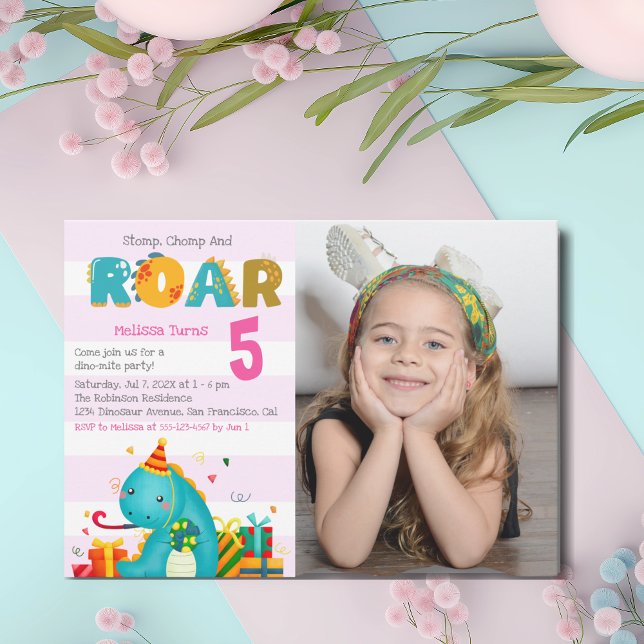 Fun Dinosaur Stomp Chomp and roar Birthday Girl Invitation (Creator Uploaded)