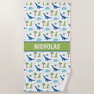 Fun Dinosaurs Blues and Greens Beach Towel