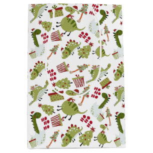 Fun Dinosaurs Santa Hats Presents Pattern White Medium Gift Bag