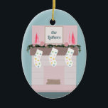 Fun Disco Pink Custom Christmas  Ceramic Ornament<br><div class="desc">A groovy custom Ornament for your fun family! This ornament includes a mantle with pink bottlebrush trees,  disco balls,  and stockings. The family name on the front and year on the back can be customized using the personalization feature.</div>