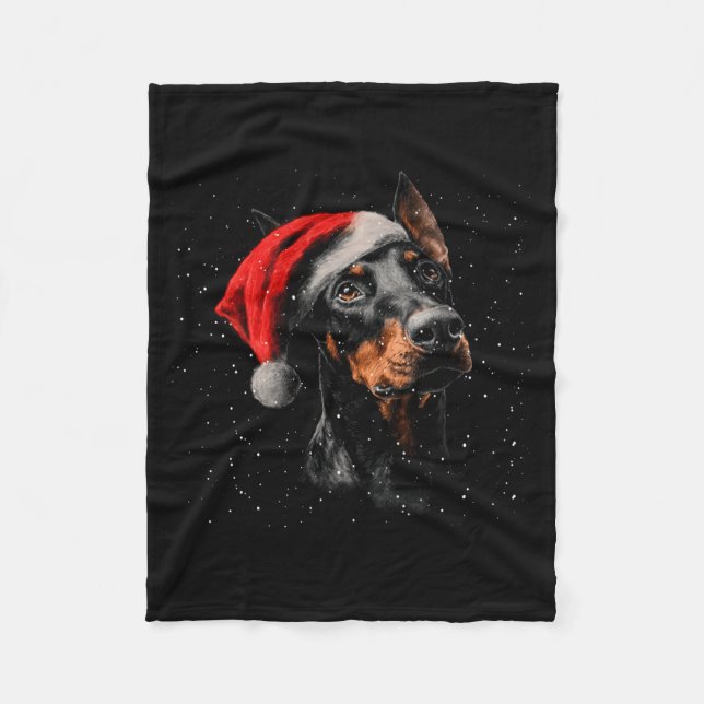 Fun Doberman Dog Christmas Lights Santa Hat Long S Fleece Blanket (Front)