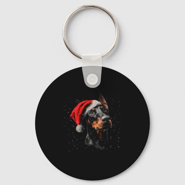 Fun Doberman Dog Christmas Lights Santa Hat Long S Keychain (Front)