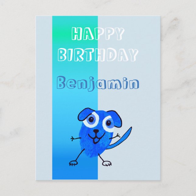 Fun Dog Blue Drawing Happy Birthday Kids Postcard (Front)