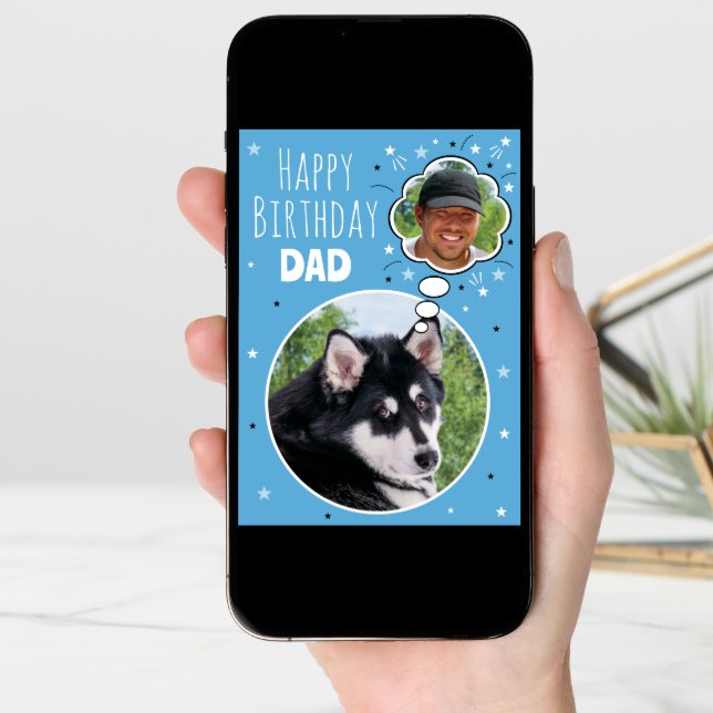 Fun Dog Dad Birthday Thought Bubble Photo Blue Card (Front Digital)