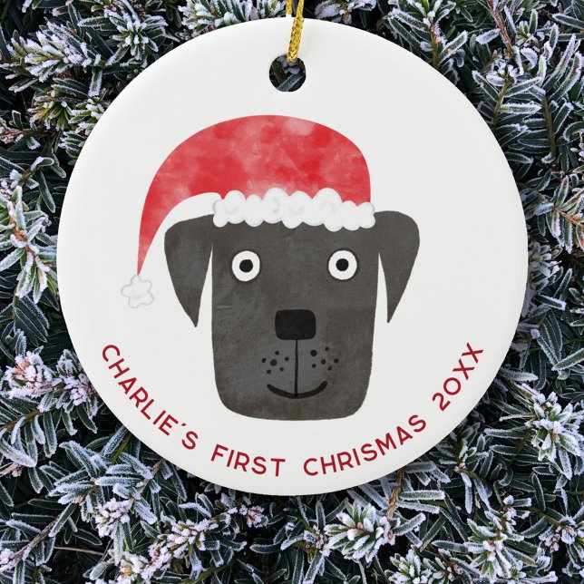 Fun Dog First Christmas Personalized Ceramic Ornament (Fun Black Labrador Retriever Dog personalized name first christmas date ceramic ornament)