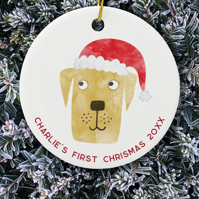 Fun Dog First Christmas Personalized Ceramic Ornament (Fun Yellow Golden Labrador Retriever Dog personalized name first christmas date ceramic ornament)