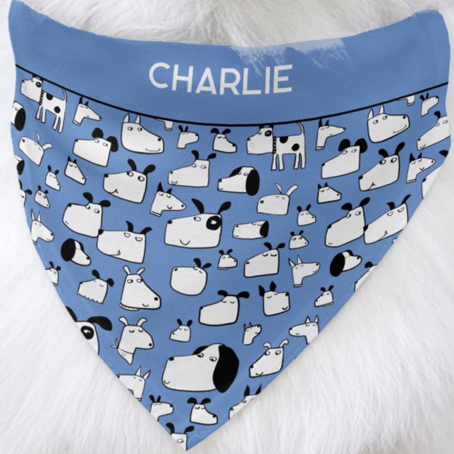 Fun Dog Pattern Personalized Name Pet Bandana Collar (Fun cartoon black and white dog blue personalized custom name pet bandana)