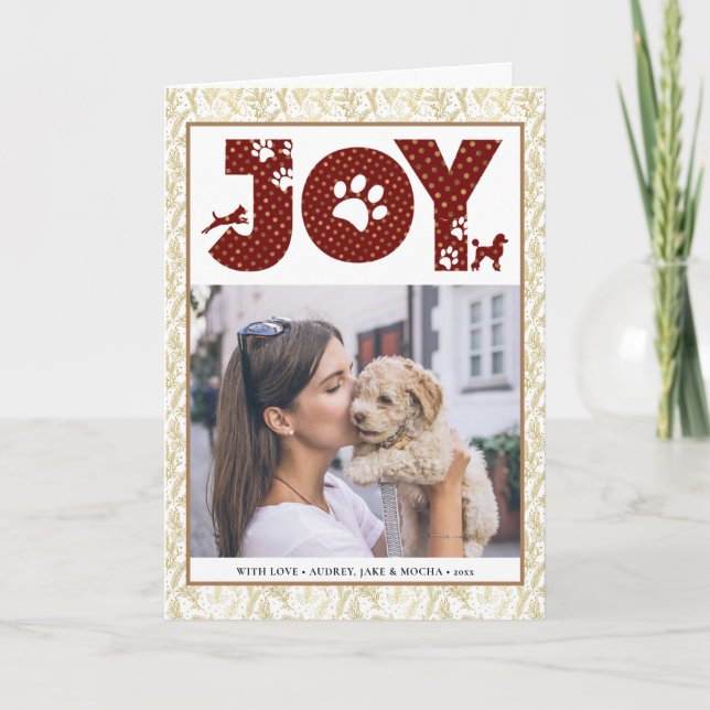 Fun Dog Paw Script JOY Modern Holiday Card (Front)
