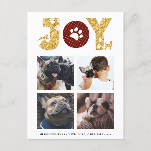 Fun Dog Paw Script JOY Modern Holiday Postcard