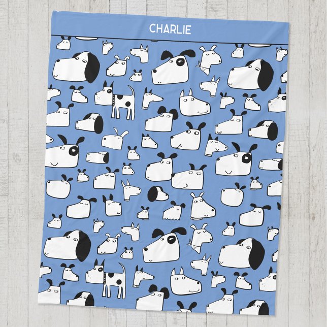 Fun Dogs Personalized Fleece Blanket (Fun dog cartoon blue personalized custom name fleece blanket)