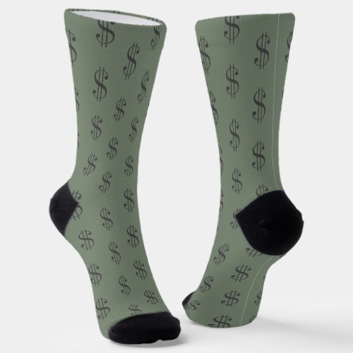 Fun Dollar Signs Pattern on Khaki Green Socks