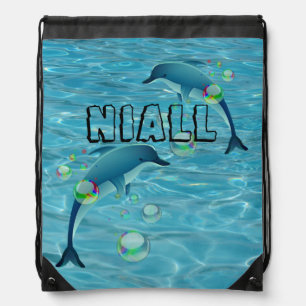 Fun Dolphin and Bubbles Personalized Drawstring Bag