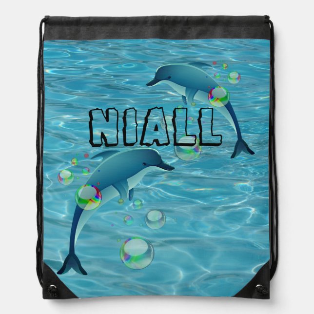 Fun Dolphin and Bubbles Personalized Drawstring Bag (Front)