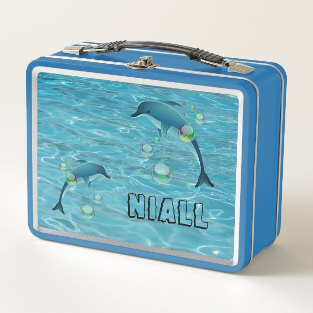 Fun Dolphin and Bubbles Personalized Metal Lunch Box (Front)