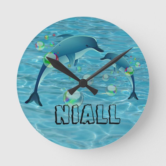 Fun Dolphin and Bubbles Personalized  Round Clock (Front)