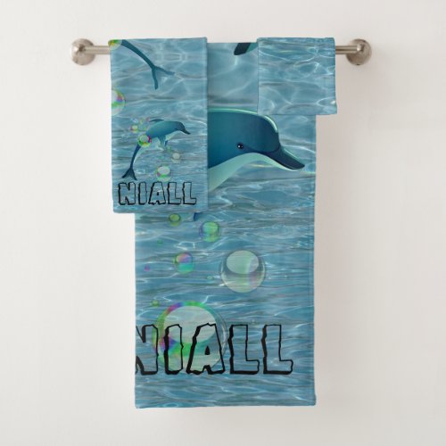 Fun Dolphin with Bubbles in Water Personalized Bath Towel Set