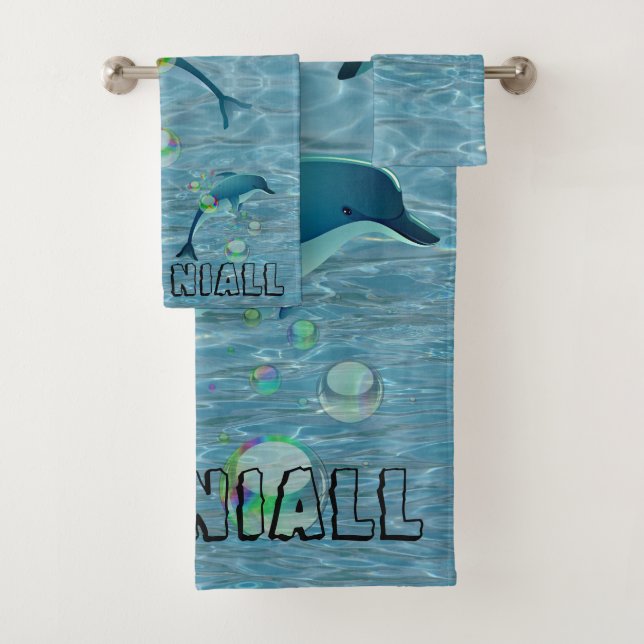 Fun Dolphin with Bubbles in Water Personalized Bath Towel Set (Insitu)
