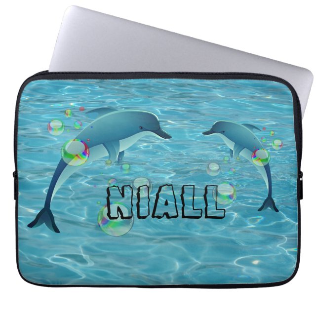 Fun Dolphins and Bubbles  Personalized  Laptop Sleeve (Front)