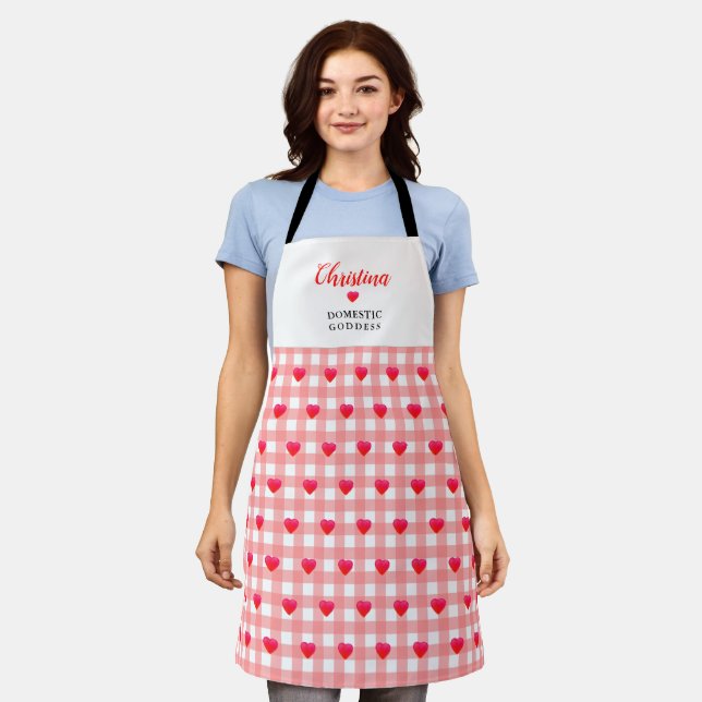 Fun Domestic Goddess Name Pretty Pink Heart Check Apron (Worn)