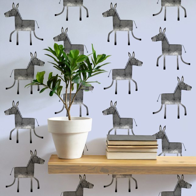 Fun Donkey Gray Blue Pattern Wallpaper (Fun donkey pattern peel and stick wallpaper in gray and blue)
