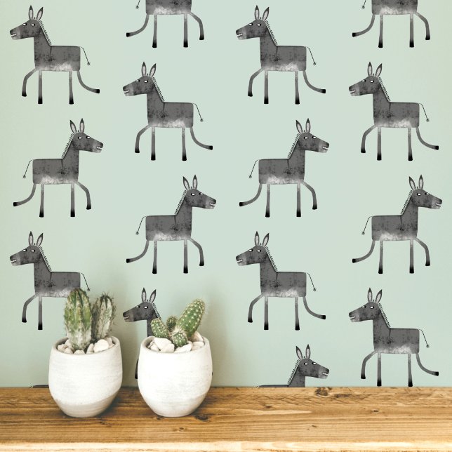Fun Donkey Gray Sage Green Pattern Wallpaper (Fun donkey pattern peel and stick wallpaper in gray and sage green)