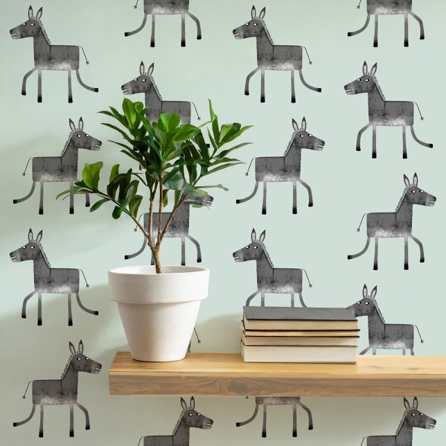 Fun Donkey Gray Sage Green Pattern Wallpaper (Fun donkey pattern peel and stick wallpaper in gray and sage green)
