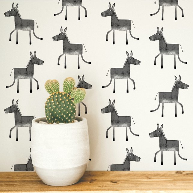 Fun Donkey Gray White Pattern Wallpaper (Fun donkey pattern peel and stick wallpaper in gray and white)