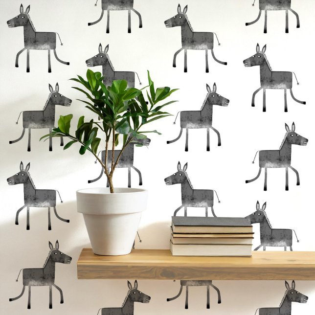 Fun Donkey Gray White Pattern Wallpaper (Fun donkey pattern peel and stick wallpaper in gray and white)