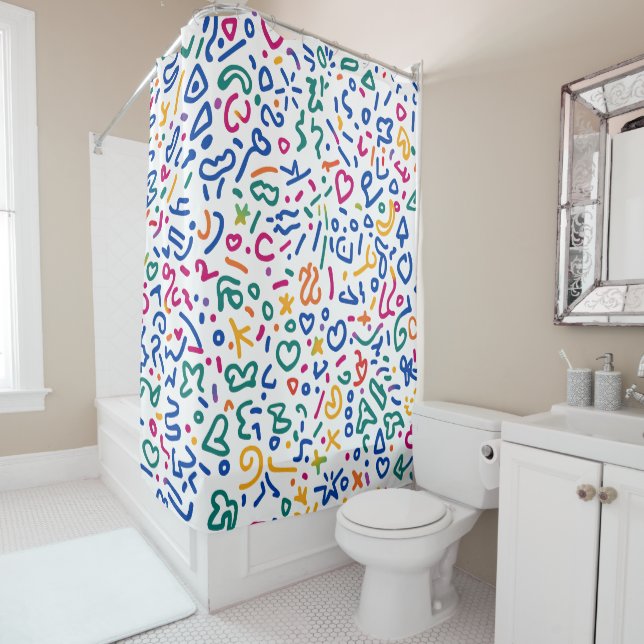 Fun doodle colorful vibrant shapes shower curtain (In Situ)