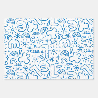 fun doodle drawings, navy, pastel blue & pink wrapping paper sheets