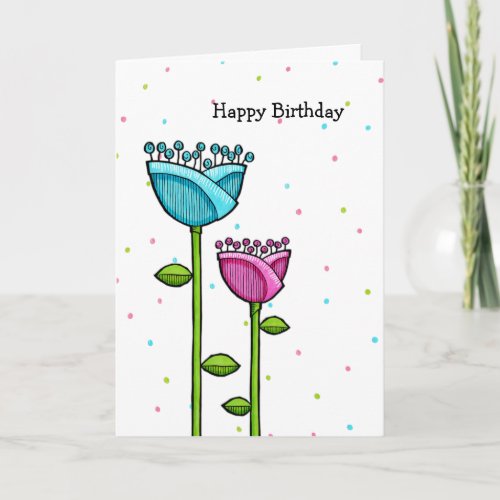 Fun Doodle Flowers blue pink dots Birthday Card