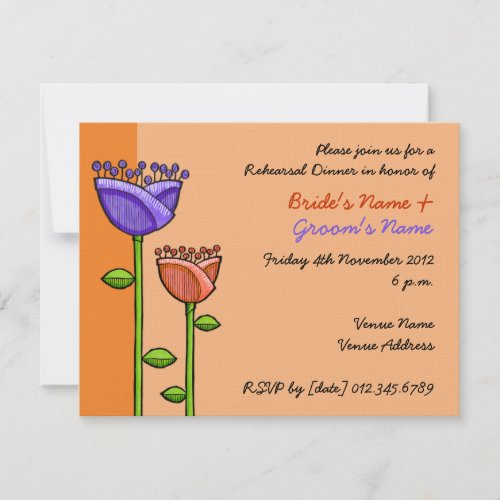 Fun Doodle Flowers orange purple Rehearsal Personalized Invite