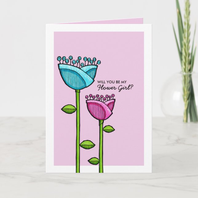 Fun Doodle Flowers pink blue Be My Flower Girl Invitation (Front)