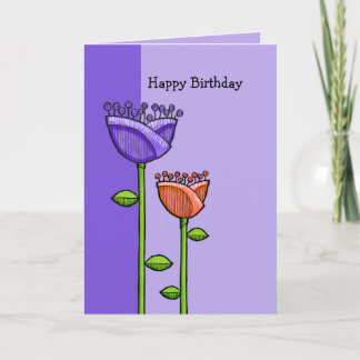 Fun Doodle Flowers purple orange Birthday Card